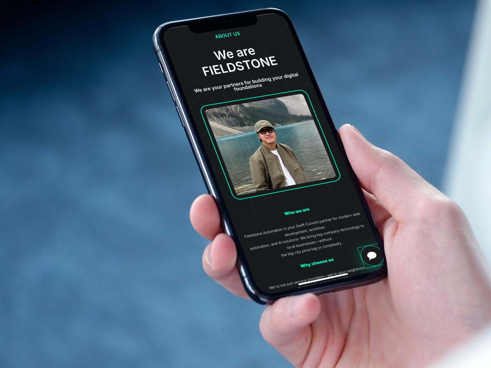 Fieldstone About (Mobile) "Responsive design optimized for mobile experience"